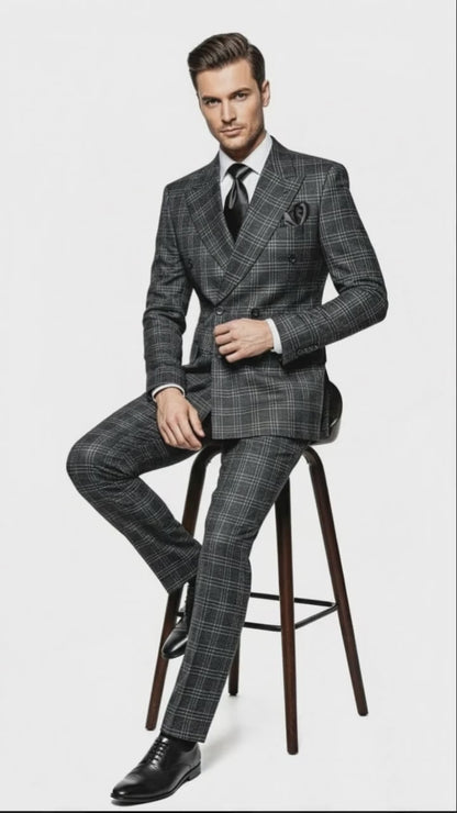 Rossi Man Men’s Charcoal Plaid Double-Breasted Suit – Windowpane Wedding, Business and Formal 2-Piece Suit  Modern Fit