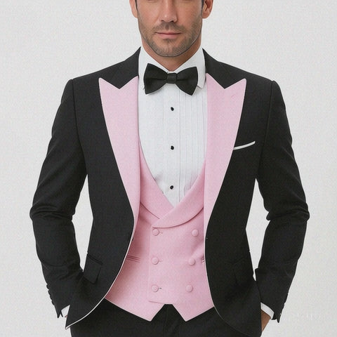 Black And Pink Suit - Tuxedo With Double Breasted Vest Peak Lapel 100% Wool
