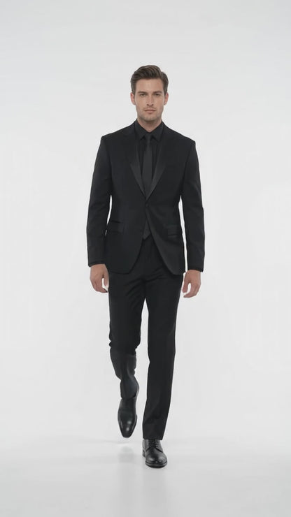 Men’s Black 2-Button Tuxedo Package Deal – Black Dress Shirt & Tie Formal Suit Set