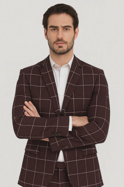 Bold Gangster Plaid Suit - 1920s Mens Fashion Window Pane Suit - Burgundy