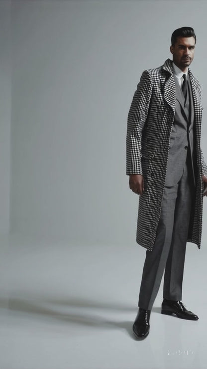 Houndstooth Overcoat - Black and White Checker And Real Wool Fabric Topcoat By Alberto Nardoni
