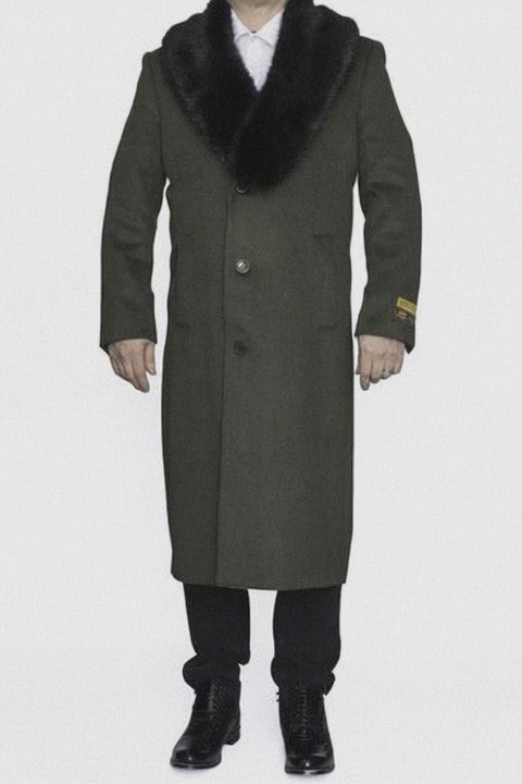 Men's Olive Green Removable Fur Collar Full Length Wool Overcoat