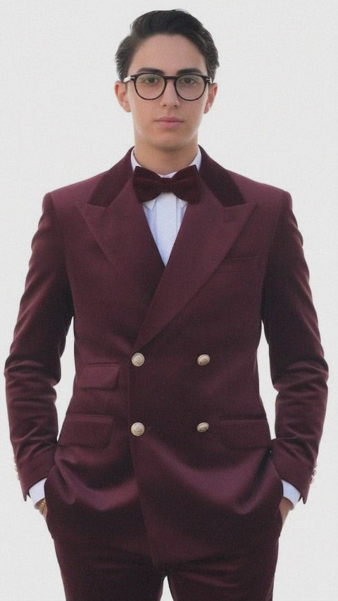 Velvet Suit - Double Breasted Suit - Burgundy Suit - Velvet Fabric Pants Slim Suit