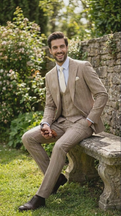 Men's Beige Pinstripe Three-Piece Vested Suit – Tailored Fit  Business Attire in Tan Stripe by Rossiman Modern Fit