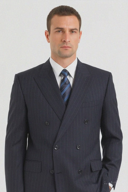 Men's Double Breasted Suits Navy Blue Suit For Men/PS Suit With Smooth Stripe ~ Pinstripe Full Canvanced Poly~Rayon Feel Pleated Pants