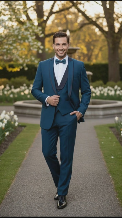 Men’s Teal Blue Tuxedo – 3-Piece Formal Suit with Satin Shawl Lapel, Vest, and Pants in Saphire Cobalt Blue Color