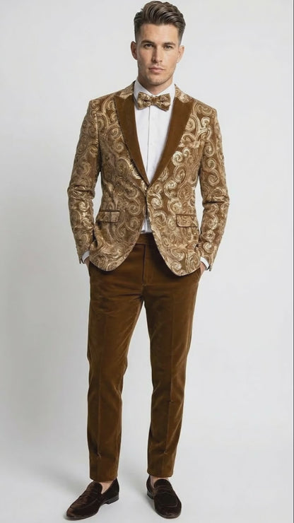 Men’s Brown Tuxedo dinner Jacket Blazer – Jacket for Formal Paisley Pattern Coffee Mocca Color + Bowtie