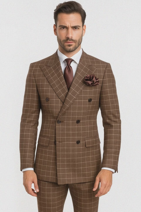 Suits With Baggy Pleated Pants - Wide Leg Pants 100% Wool - Classic Fit in Brown Plaid Color by Rossiman