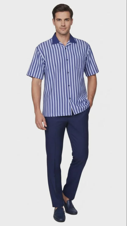 Men’s Blue and White Vertical Stripe Short Sleeve Shirt Set – Casual Summer Two-Piece Outfit  With Walking Suit Plus Matching Pants