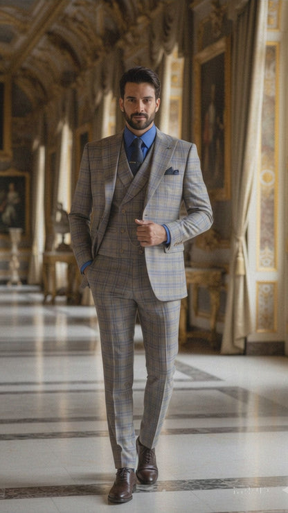 Blue  Windowpane Peak Lapel 3 Piece Suit Modern Fit
