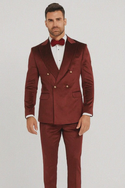 Burgundy Velvet Double Breasted Suits - Velvet Pants - Slim Fit Suit