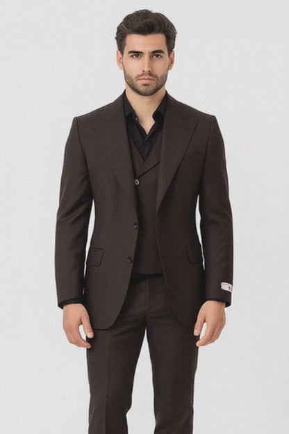 Tiglio Rosso Men’s Choclate Brown 3 Piece Suit –Double Breasted Vest with Classic Fit 100% Wool Super 150's Fabric - Pleated Pants