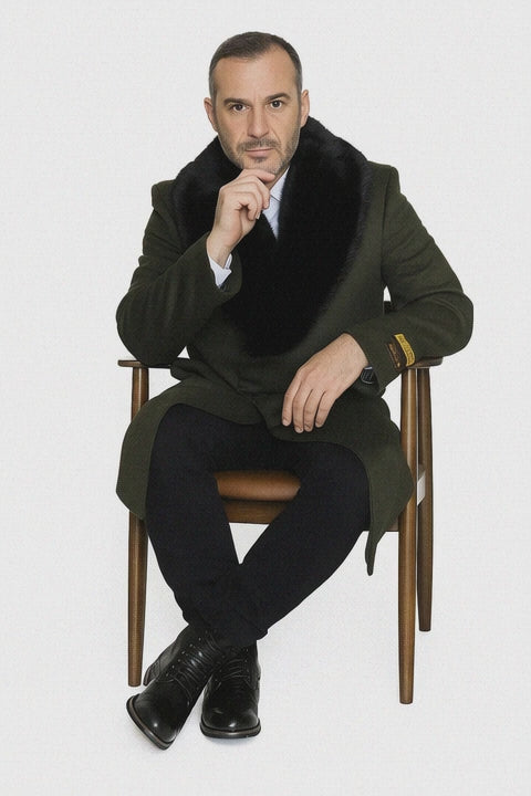 Men's Olive Green Removable Fur Collar Full Length Wool Overcoat