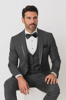 Men's Charcoal Shawl Lapel Tuxedo with Satin Trim – Vested Wedding Suit