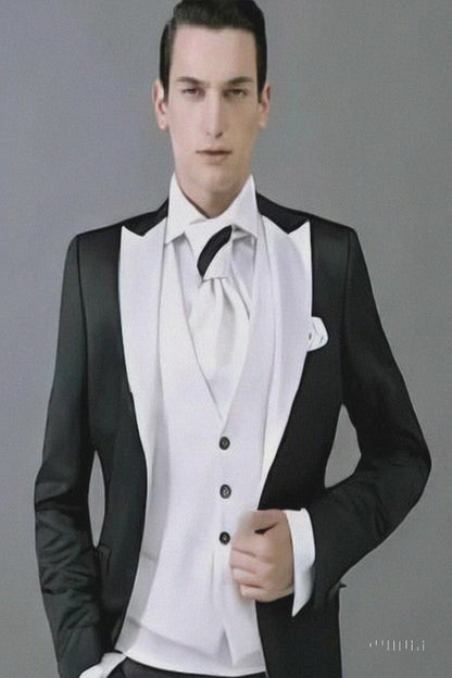 Men's Black and White  Lapel Peak Lapel Vested 3 Piece 1 Button Tuxedo With White Lapel Suit with white vest or black vest