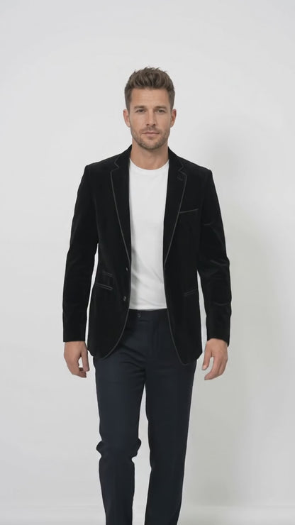 Men's Black Prom Party Blazer – Modern Fit 2-Button Velvet-Style Designer Dinner Jacket with Contrast Piping