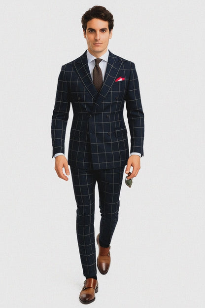 Mens Black and White Window Pane ~ Plaid Double Breasted Suits Suits