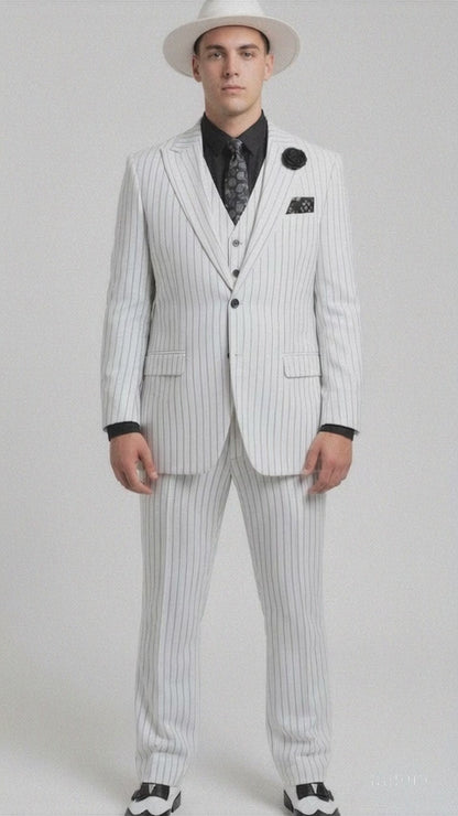 White and Black Pinstripe Vested Suit + Matching White Hat + Shirt And Tie - Gangster Suit