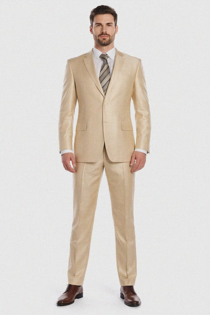 Beige ~ Khaki ~ Tan ~ Champagne Suit Shiny Flashy Sharkskin Classic Fit Suit
