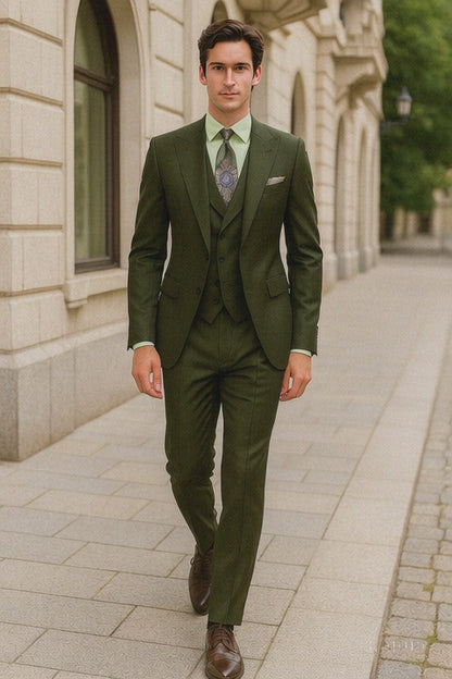 Classic Wool Fabric Fit - Pleated Pants - Peak Lapel With Double Breasted Vest - Athletic Fit Solid Olive Mens Suit