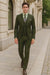 Classic Wool Fabric Fit - Pleated Pants - Peak Lapel With Double Breasted Vest - Athletic Fit Solid Olive Mens Suit