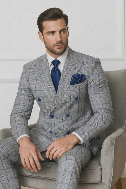 Suits With Baggy Pleated Pants - Wide Leg Pants 100% Wool - Classic Fit in Color Grey with Blue Plaid by Rossiman