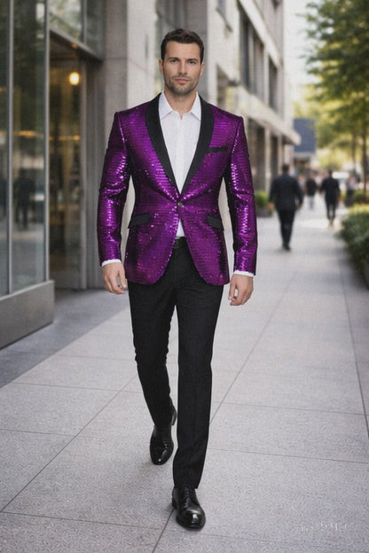 Men'S Purple Shiny Sequin Paisley 1 Button Blazer Dinner Jacket Sport Coat Jacket Sharkskin Flashy Stage Available In Peak Lapel