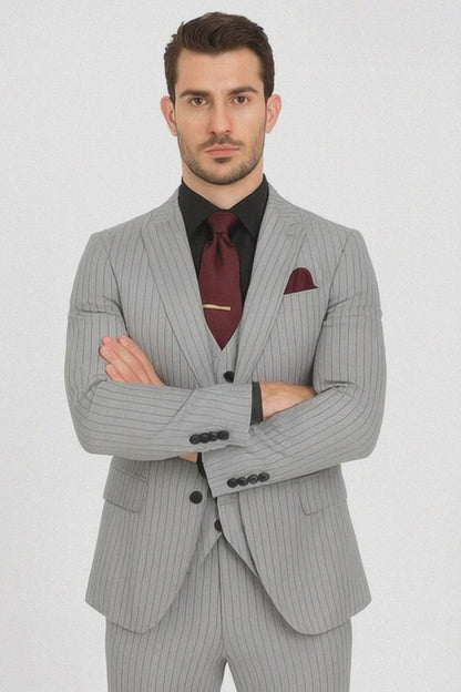 1920s Mint Grey And Black Pinstripe Suit - Vested Stripe Gangster Suits - SAM371SK-01 Modern Fit