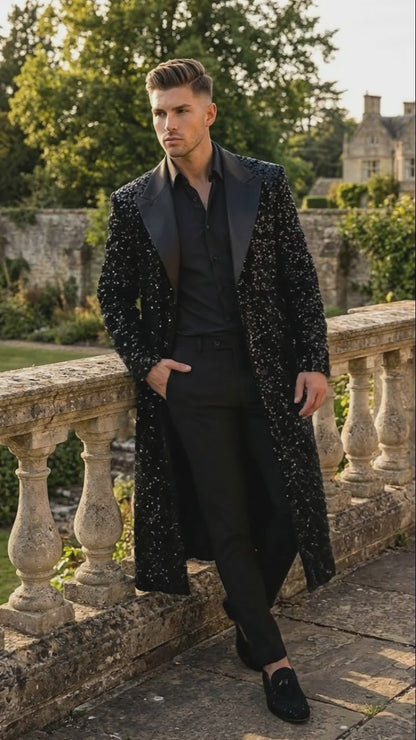Men’s Black Sequin Long Coat with Satin Shawl Lapel – Luxury Statement Evening Overcoat