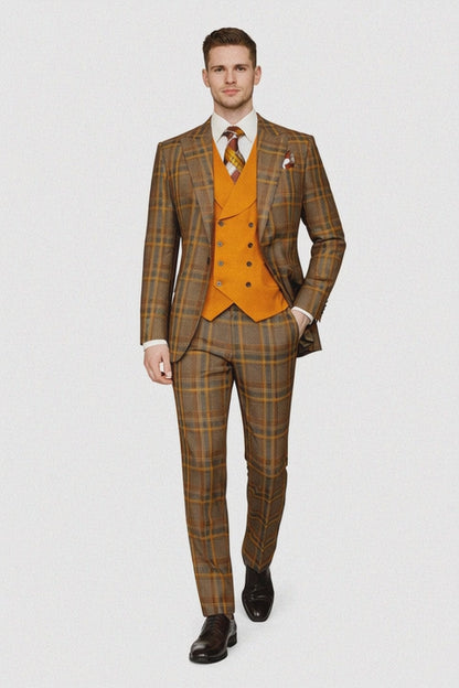 Mens Two Button Peak Lapel Suit Brown ~ Yellow