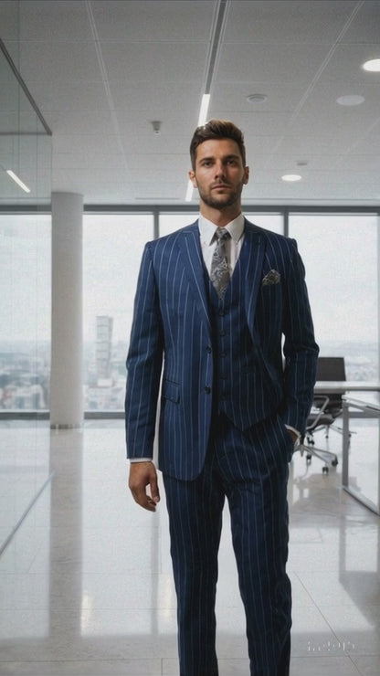 Men's Bold Gangster 1920s Vintage Navy Blue ~ White Gangster Bold Stripe 2 Button Vested Dress Suits for Men