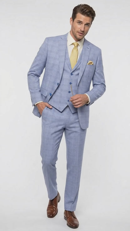 Men’s Sky Blue Glen Plaid 3 Piece Suit SV2W6, Windowpane Checkered Vested Formal Wedding Prom Suit