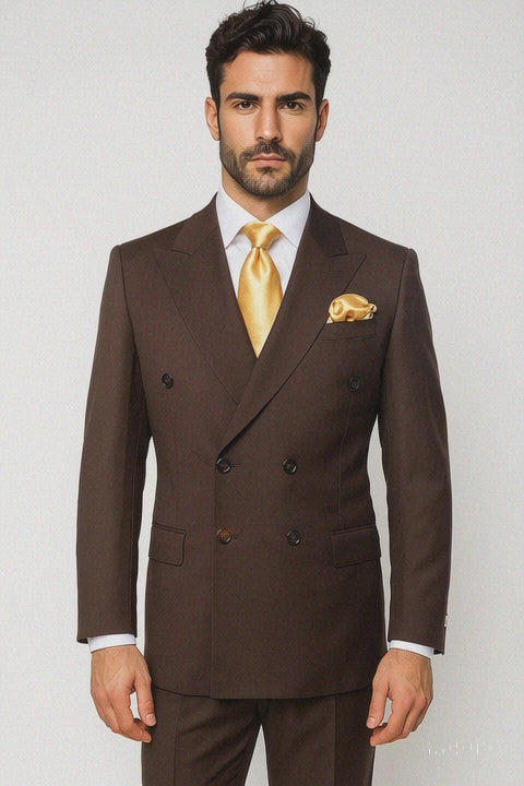 Suits With Baggy Pleated Pants - Wide Leg Pants 100% Wool - Classic Fit in Brown Color by Rossiman