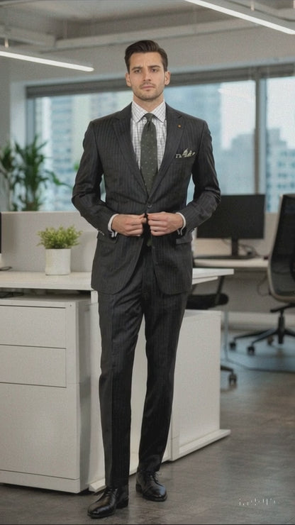 Men'S 2 Piece 100% Executive Suit - Charcoal With Silver Stripe ~ Pinstripe - 100% Percent Wool Fabric Suit - Worsted Wool Business Suit