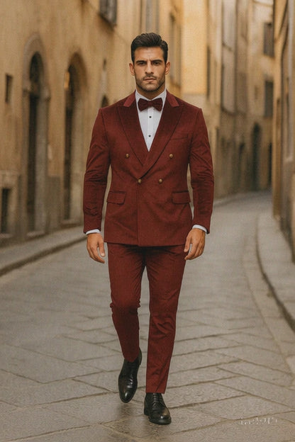 Burgundy Velvet Double Breasted Suits - Velvet Pants - Slim Fit Suit