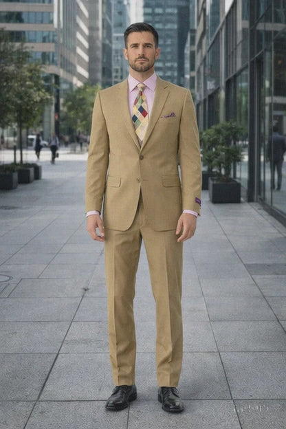 Men's Slim Fitted Solid Khaki - Camel - Bronz  2 Button Suit With Flat Front Pants