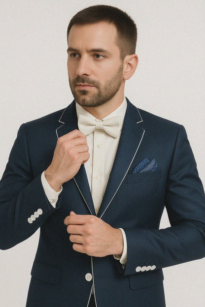 Dark Navy Blue Suit For Men And White Trim Lapel Tuxedo Looking Suit Side Vented Wedding /Prom Fashion