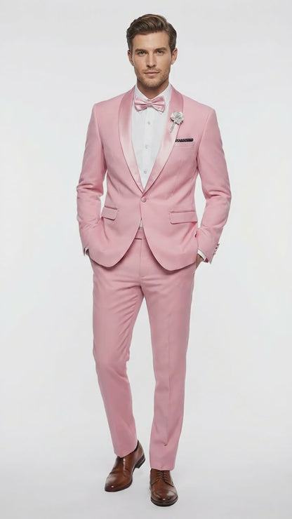 Mens Dusty Rose Pink Summer Tuxedo – Satin Shawl Lapel Formal Wedding Prom Suit