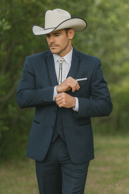 2 Button Vested Satin Trim Lapel Cowboy Tuxedo in Navy