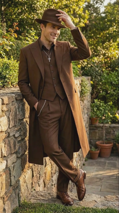 Men’s Brown 1920s Zoot Suit – Long Gangster Mafia Suit Vintage Three-Piece Costume Set Pachuco Style