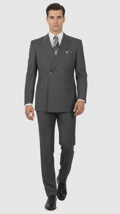 Mens Classic Wool Feel Double Breasted Suit in Heather Grey