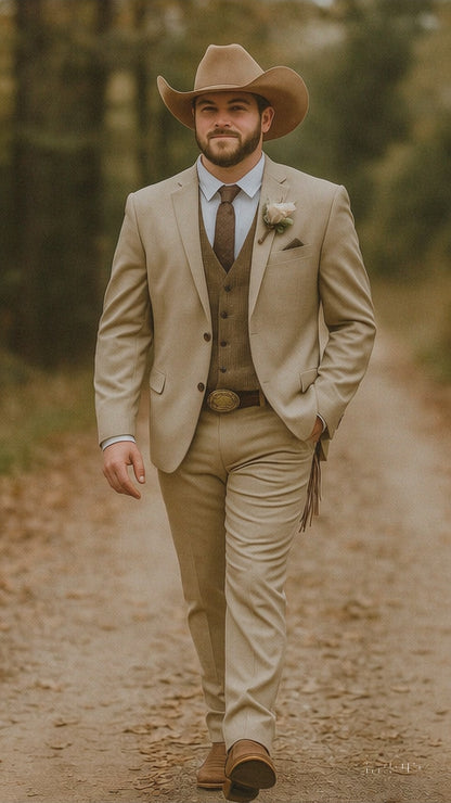 Stylish Cowboy Wedding Suit for Men – Rustic Old Western Elegance - Traje Para Hombre Tan with Brown Vest Color