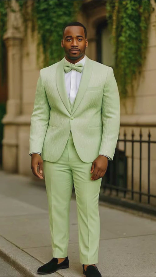 Men’s Mint Green Tuxedo Suit – Slim Fit Shawl Lapel with Matching Bow Tie in Sage Green Color - Light Green