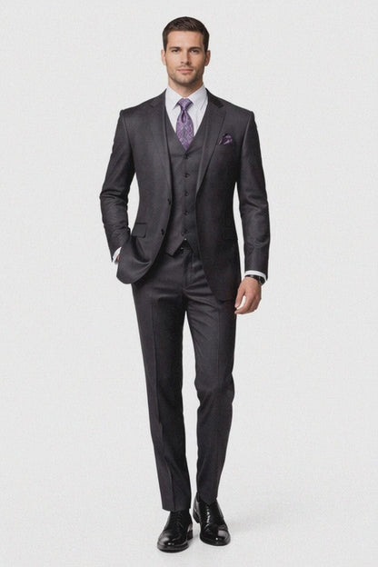 Mens Three Piece Suit - Vested Suit 2 Button Solid Color Heather Charcoal Men'S Suit