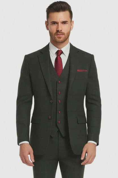 Mens Winter Suit - Suit For Cold Weather - Winter Color Tweed Herringbone Green Suit