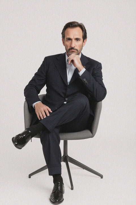 Men's 3 Button Pinstripe Dark Navy Dark Blue Suit