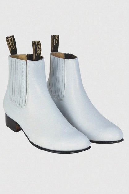 Los Altos Men’s White Deer Leather Charro Ankle Boots, Short Western Botin Boots with Square Toe
