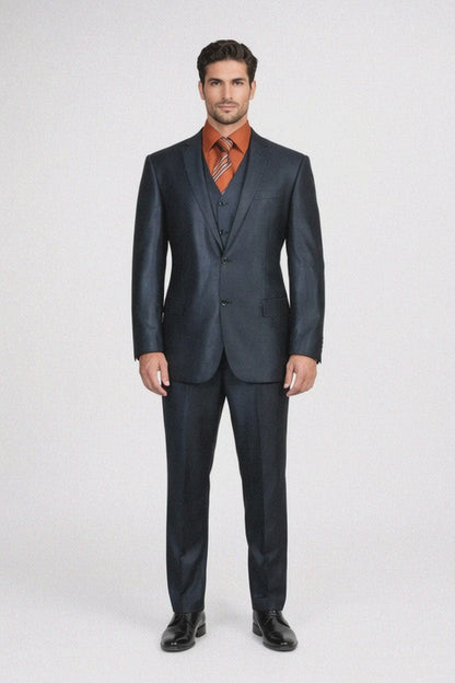 Men'S 3 Piece Sharkskin Suit Flat Front Pants Shiny Flashy Satin Silky Metallic Blue