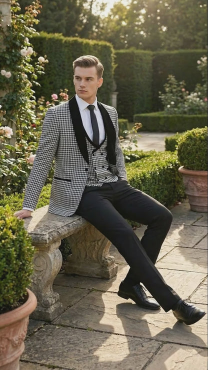 Men’s Black and White Houndstooth Tuxedo Set with Velvet Shawl Lapel | 3-Piece Formal Suit with Black Double-Breasted Vest