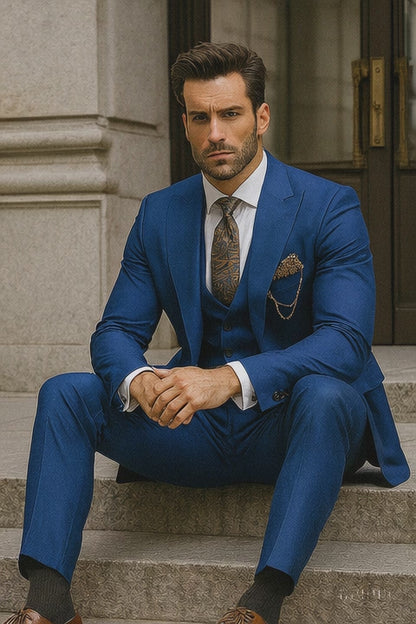 Men’s Designer Blue Suit with Vest and Pocket Chain – Stylish Attire Modern Fit